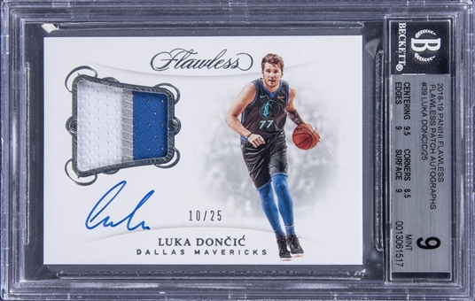 2018-19 Panini Flawless Patch Autographs #PA-LDC Luka Doncic Signed Patch Rookie Card (#10/25) - BGS MINT 9/BGS 10